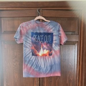 Upcycled-Tie-Dye Peace Out graphic kids tee shirt